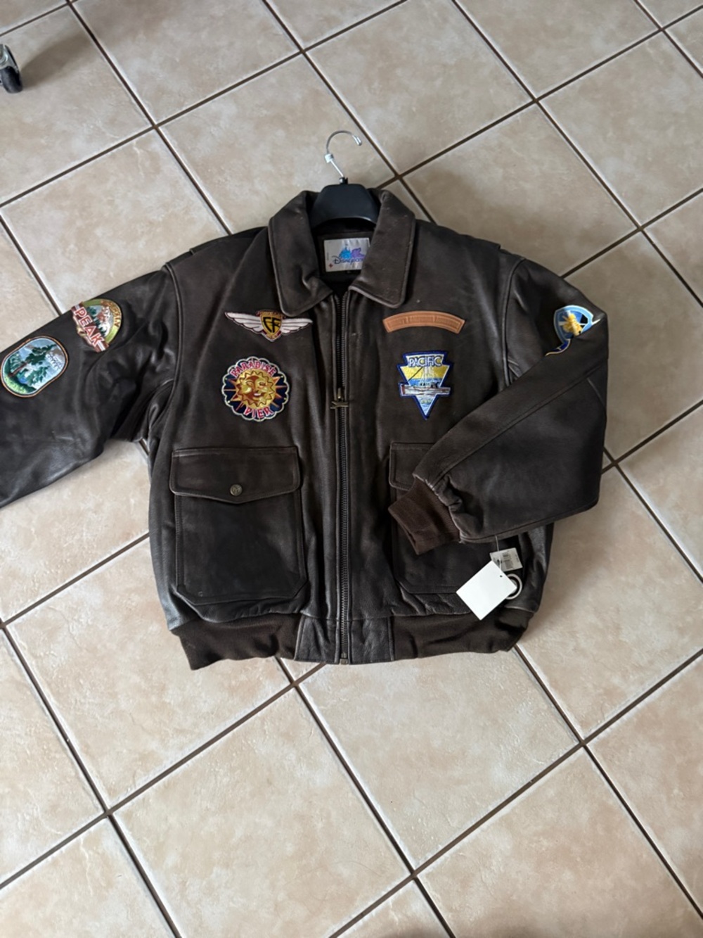 Disney Vintage Dark Brown Leather Bomber Jacket with Patch Accents